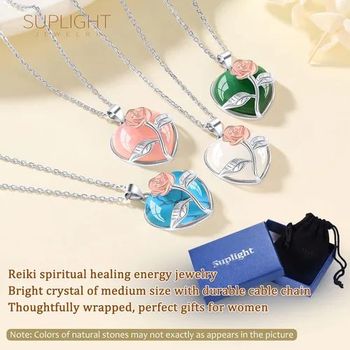 Vista 6 de Suplight - Collar con dije de piedra natal genuina de plata de ley 925 con forma de corazón y pera para mujer (con caja de regalo)