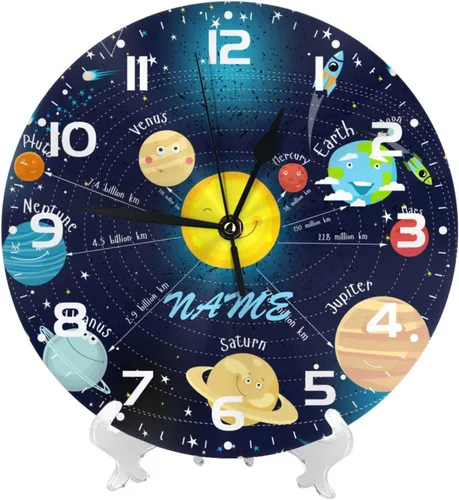 Vista 2 de Reloj de pared personalizado con diseño de planeta y galaxia para habitación de niños, reloj de pared personalizado con nombre de niño, regalo