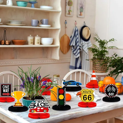 Vista 5 de LINGTEER Race Car Two Fast Birthday Table Honeycomb Centros de mesa – 9 piezas Let's Go Racing Happy 2nd Birthday Party Decoración de mesa