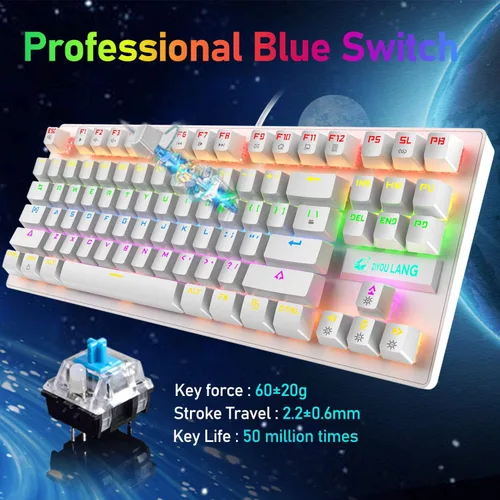 Vista 3 de Teclado mecánico para juegos, interruptor azul, mini 82 teclas, teclado retroiluminado LED arco iris, mouse ligero para juegos de 6400 DPI óptica