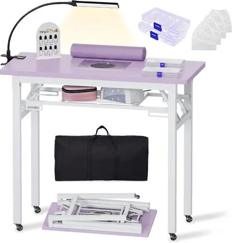 Vista 10 de Mesa de manicura plegable portátil con colector de polvo, escritorio de tecnología de uñas rodante con lámpara LED, reposamuñecas, ruedas