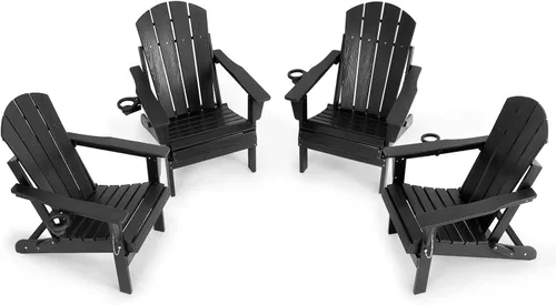 Vista 15 de Silla Adirondack plegable de HDPE, silla de patio al aire libre con soporte para tazas, silla de césped de grano de madera resistente a