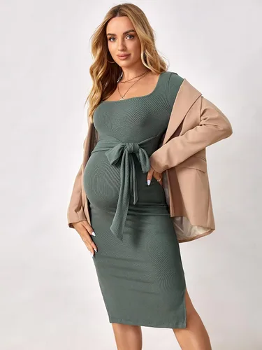Vista 3 de OYOANGLE Vestido midi ajustado de manga larga con nudo frontal y cuello cuadrado para mujer