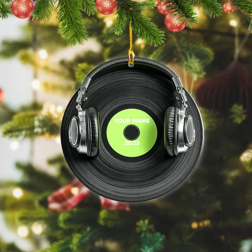 Vista 6 de Adorno de Navidad personalizado, máquina de discos de vinilo, adorno plano 2D, adorno para tocadiscos, instrumento musical, decoración de árbol