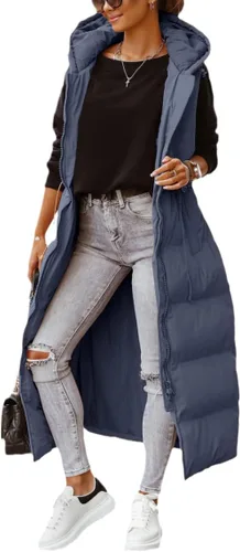 Vista 2 de Shanfetl - Chaleco largo acolchado con capucha para mujer, de longitud maxi, sin mangas, chaleco acolchado para invierno, abrigo de invierno