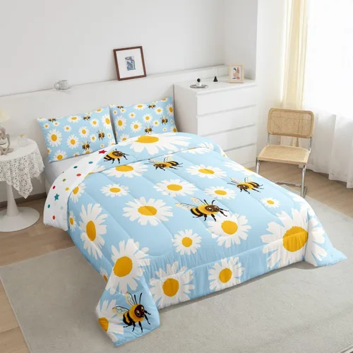 Vista 4 de Erosebridal Juego de edredón de abeja de dibujos animados, tamaño individual, juego de ropa de cama floral de margarita blanca lisa para niños