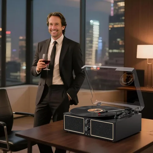 Vista 7 de Tocadiscos de vinilo Bluetooth, reproductor LP de 3 velocidades con altavoces, reproductor de discos retro para discos de vinilo, salida RCA AUX