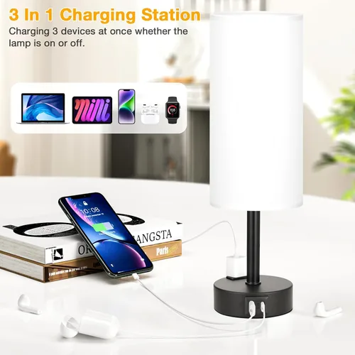 Vista 3 de Juego de 2 lámparas de mesa táctiles para dormitorio en blanco, lámparas de noche regulables de 3 niveles con puertos USB C y A, lámparas de mesita