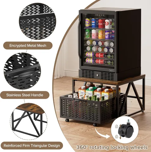 Vista 4 de Urban Deco Mini soporte para refrigerador con almacenamiento, carrito de refrigerador resistente con cesta de cajón, mini mesa de refrigerador