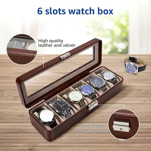 Vista 2 de Caja organizadora de relojes para hombres y mujeres, caja de reloj con 6 ranuras para reloj, pantalla de reloj de piel sintética con ventana
