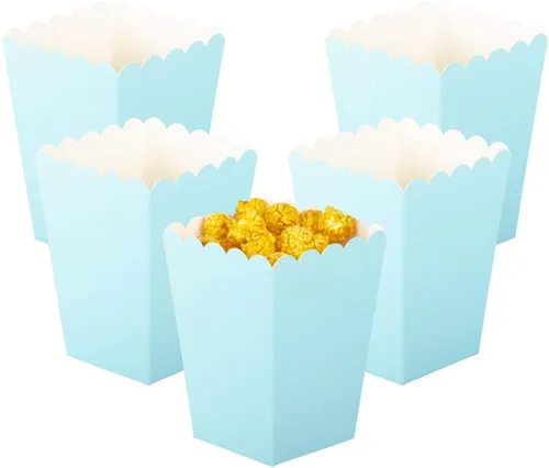 Vista 5 de Mini cajas de palomitas de maíz negras, paquete de 36 soportes desechables de papel para palomitas de maíz, recipientes para cumpleaños, bodas, Azul