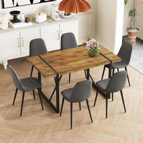 Vista 14 de Juego de mesa de comedor rústica de 5 piezas para 4 personas, mesa de comedor rectangular de madera moderna de mediados de siglo de 55 pulgadas