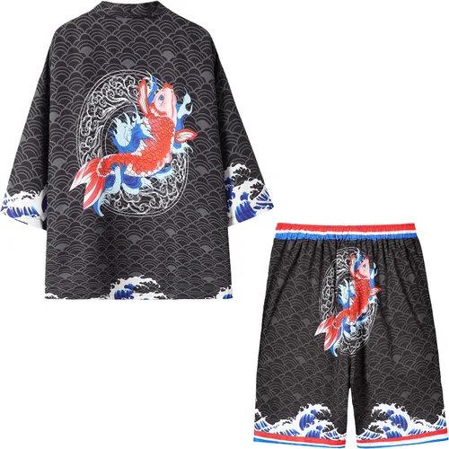 Vista 2 de PRIJOUHE Kimono japonés para hombre holgado frente abierto manga de siete mangas kimono con pantalones cortos