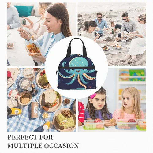 Vista 7 de Bolsa de almuerzo de pulpo de dibujos animados para mujer, lonchera aislante, bolsa de almuerzo impermeable