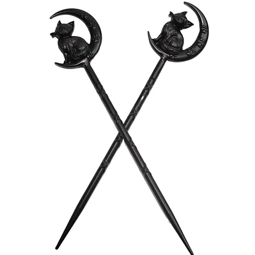 Vista 3 de 2 piezas de horquillas retro de Halloween para mujer, negras, góticas, de bruja, con luna y gato, para peinado (CAL1)