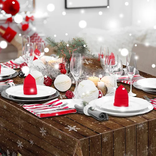 Vista 6 de Paquete de 3 manteles navideños con veta de madera marrón, cubremesas de plástico de madera con brillantina dorada de copos de nieve navideños
