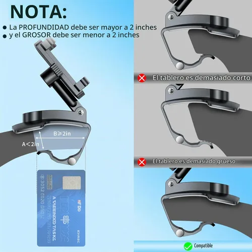 Vista 2 de Soporte universal de teléfono para tablero de instrumentos de 360°, soporte giratorio multifuncional para visera/retrovisor para teléfonos de 4 a 7