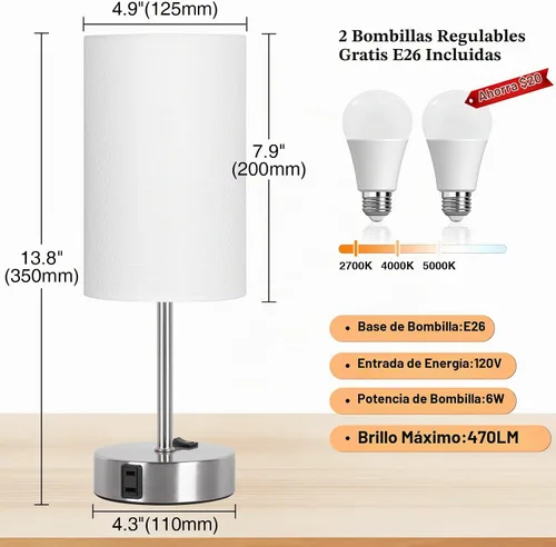 Vista 4 de ZJOJO - Lámparas de noche con puerto de CA, lámpara de mesa para dormitorio, 3 vías, regulable, lámpara de mesita de noche, juego de 2 con pantalla