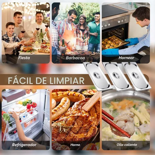 Vista 6 de Bokon Paquete de 6 tapas de sartén de mesa de vapor de 1/3 de acero inoxidable con asa, cubierta de bandeja de comida para catering, ranurada