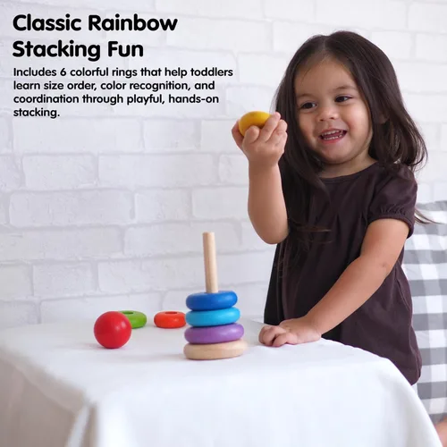 Vista 5 de PlanToys Anillo apilable de madera para motricidad fina inspirada en Montessori y aprendizaje temprano Reconocimiento de color, resolución