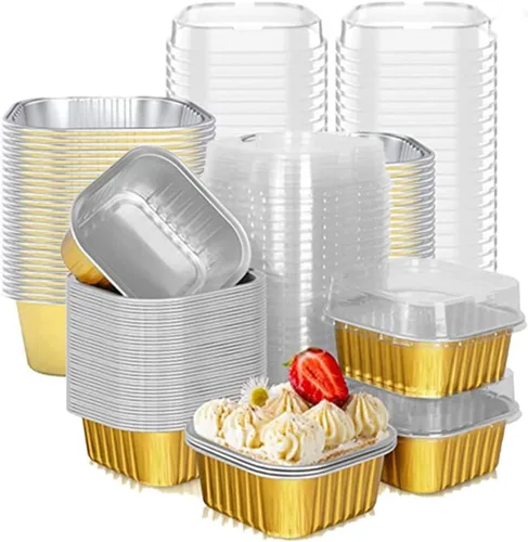 Vista 6 de 25 piezas de mini tazas cuadradas para hornear, mini moldes de papel de aluminio de 10 onzas con tapas, papel de aluminio para cupcakes, forros