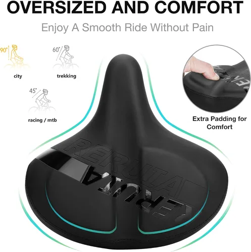Vista 4 de Asiento de bicicleta grande y cómodo, sillín ancho con absorción de impactos, cojín de bicicleta de ejercicio de gran tamaño con espuma