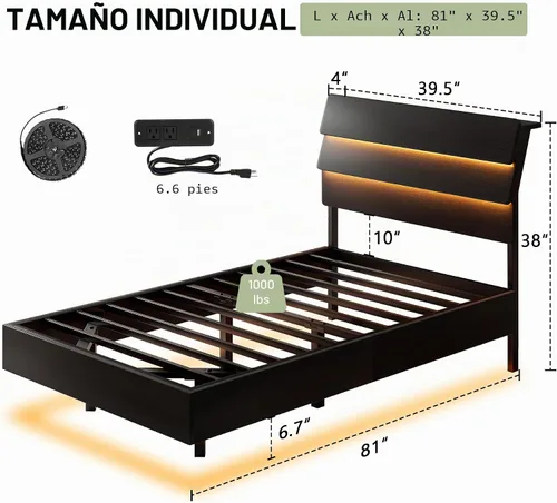 Vista 2 de Feonase Base de cama flotante individual con luces LED y estación de carga, marco de cama de madera tamaño individual con cabecera