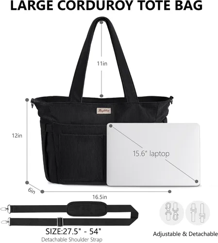 Vista 2 de Bolsa tote de pana para mujeres, 17 bolsillos para laptop de trabajo, ligera, para maestras, enfermeras, bolsa de hombro bíblica para escuela