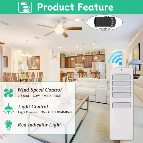 Vista 2 de Kit de control remoto universal para ventilador de techo, reemplazo para Harbor Breeze, Hampton Bay, Hunter, 3 velocidades con atenuador de luz