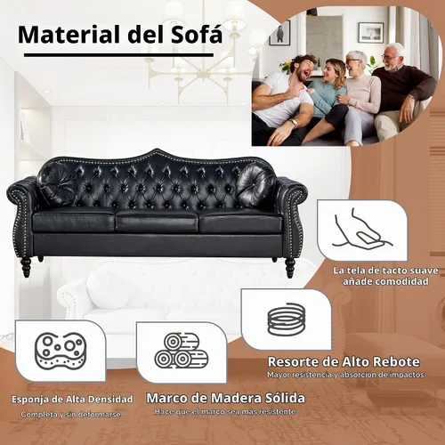 Vista 4 de AVZEAR 82" Sofá de tres plazas de cuero, sofá Chesterfield, sofá tapizado en PU de estilo moderno de mediados de siglo, sofá de sala de estar
