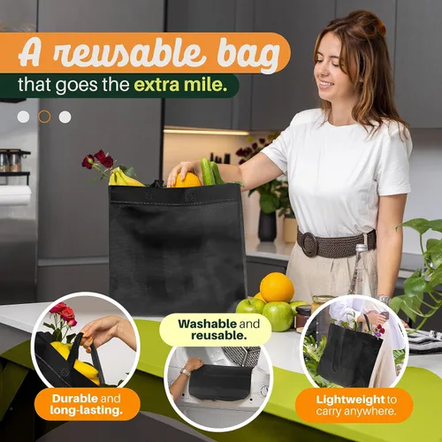 Vista 5 de Paquete de 200 bolsas de compras negras reutilizables ecológicas de 14.5 x 14 x 6.6 pulgadas, bolsas de compras duraderas, reciclables, lavables