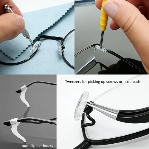 Vista 6 de GOTOBA - Juego de 22 pares de almohadillas de nariz atornilladas, kit de repuesto mejorado para lentes con destornillador para lentes, pinzas, paño