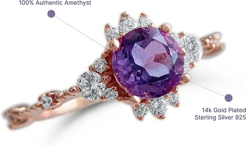 Vista 3 de Anillo de boda de amatista de oro rosa de 14 quilates, anillo de compromiso de amatista, anillo de compromiso para mujer, anillo de promesa morado
