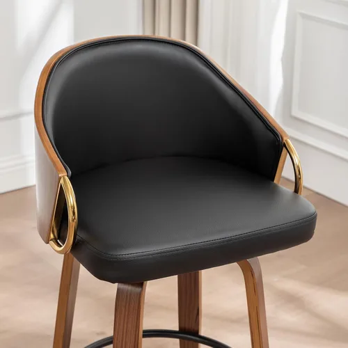 Vista 7 de Taburetes de bar giratorios de 24.8 pulgadas, taburetes de bar de cuero negro, sillas de bar modernas de mediados de siglo con patas de madera