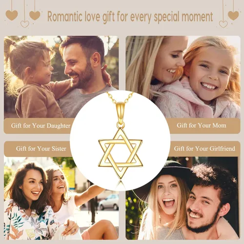 Vista 2 de KECHO Collar con dije de estrella de David de oro real de 14 quilates para mujer, collar de seis estrellas puntiagudas, joyería de San Valentín