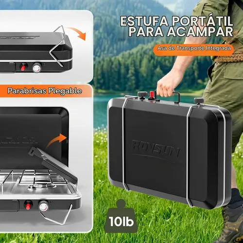 Vista 4 de ROVSUN Estufa de camping portátil de 2 quemadores con encendedor, estufa de campamento de propano de 20000 BTU con adaptador, mango integrado
