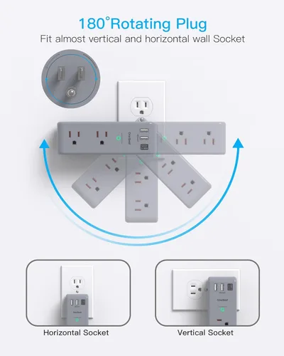 Vista 9 de Extensor de salida protector de sobretensiones, con enchufe giratorio, 6 tomas de corriente alterna con 3 puertos USB (1 USB C), 1800 julios