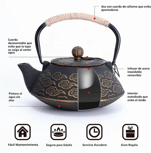Vista 4 de Tetera de hierro fundido, tetera japonesa con infusor para hojas sueltas, tetera para estufa de té, cubierta segura con interior esmaltado