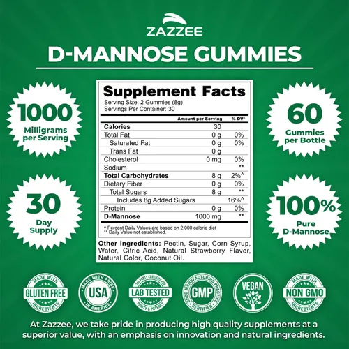 Vista 3 de Zazzee Gomitas D-manosa, 1000 mg por porción, 60 gomitas veganas, sabor a fresa, sin azúcar, potente y de acción rápida, apoyo natural para la salud