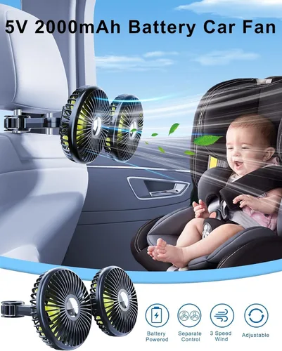 Vista 2 de Ventilador de coche recargable para asiento trasero de niños y bebé Hojas verdes