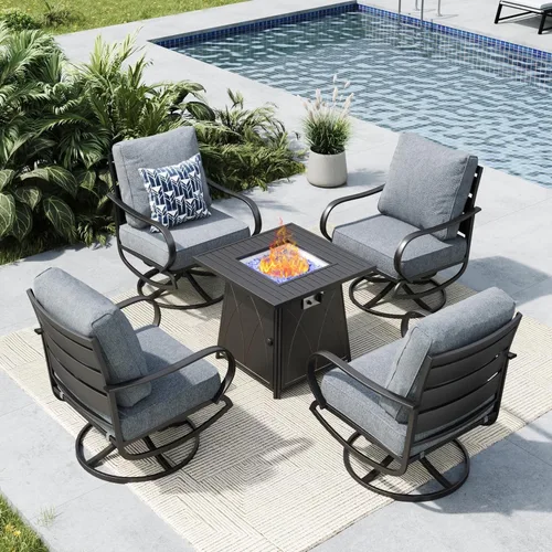Vista 39 de MFSTUDIO Juego de 4 piezas de conversación para patio, marco de metal para todo tipo de clima, muebles de exterior con 1 mesa rectangular de propano