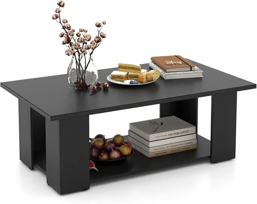 Vista 9 de Giantex Mesa central rectangular de madera, mesa de té moderna grande de 41 pulgadas y 2 niveles con compartimento abierto, fácil montaje, mesa