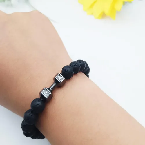 Vista 15 de Pulsera de mancuernas negra hecha a mano, para gimnasio, hermanos, fitness, piedra volcánica, piedra de lava volcánica, ajustable, pulsera