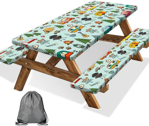 Vista 71 de Funda para Mesa de Picnic con Fundas para Bancos y Bolsa, Campista de Madera Impermeable Resistente al Viento, Cubierta de Mantel Ajustada con Borde