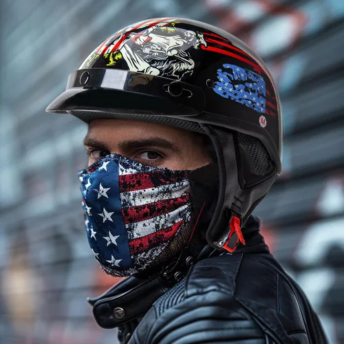 Vista 8 de CARTMAN Casco de media cara para motocicleta Cruiser Scooter, diseño de bandera americana con calavera, aprobado por DOT para bicicleta, patineta