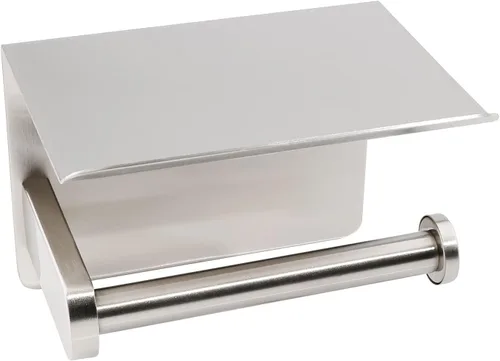 Vista 10 de Soporte de papel higiénico de pared con estante para teléfono, soporte de papel de almacenamiento, dispensador de papel adhesivo negro con estante