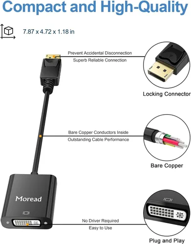 Vista 3 de Adaptador DisplayPort (DP) a DVI de Moread, adaptador de puerto de pantalla chapado en oro a DVI-D (macho a hembra) compatible con computadora