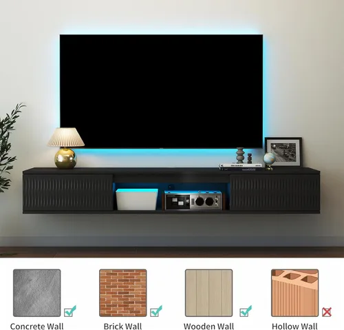 Vista 5 de Vibe & Dine Soporte de TV LED con diseño de patrón en espiral, soporte de TV flotante de 63 pulgadas con luces RGB, centro de entretenimiento
