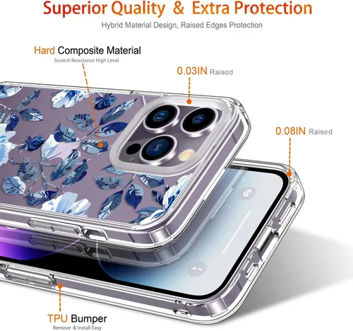 Vista 4 de Funda para iPhone 14 Pro con protector de pantalla, 6.1 pulgadas, transparente de cuerpo completo, a prueba de golpes, diseño floral, para niñas