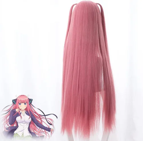 Vista 3 de Cosplay Wig Anime Cosplay Wig, The Quintessential Quintuplets Wig, Nakano Nino Wig, Pink With Bangs Long Straight Hair with Free Wig Cap, for